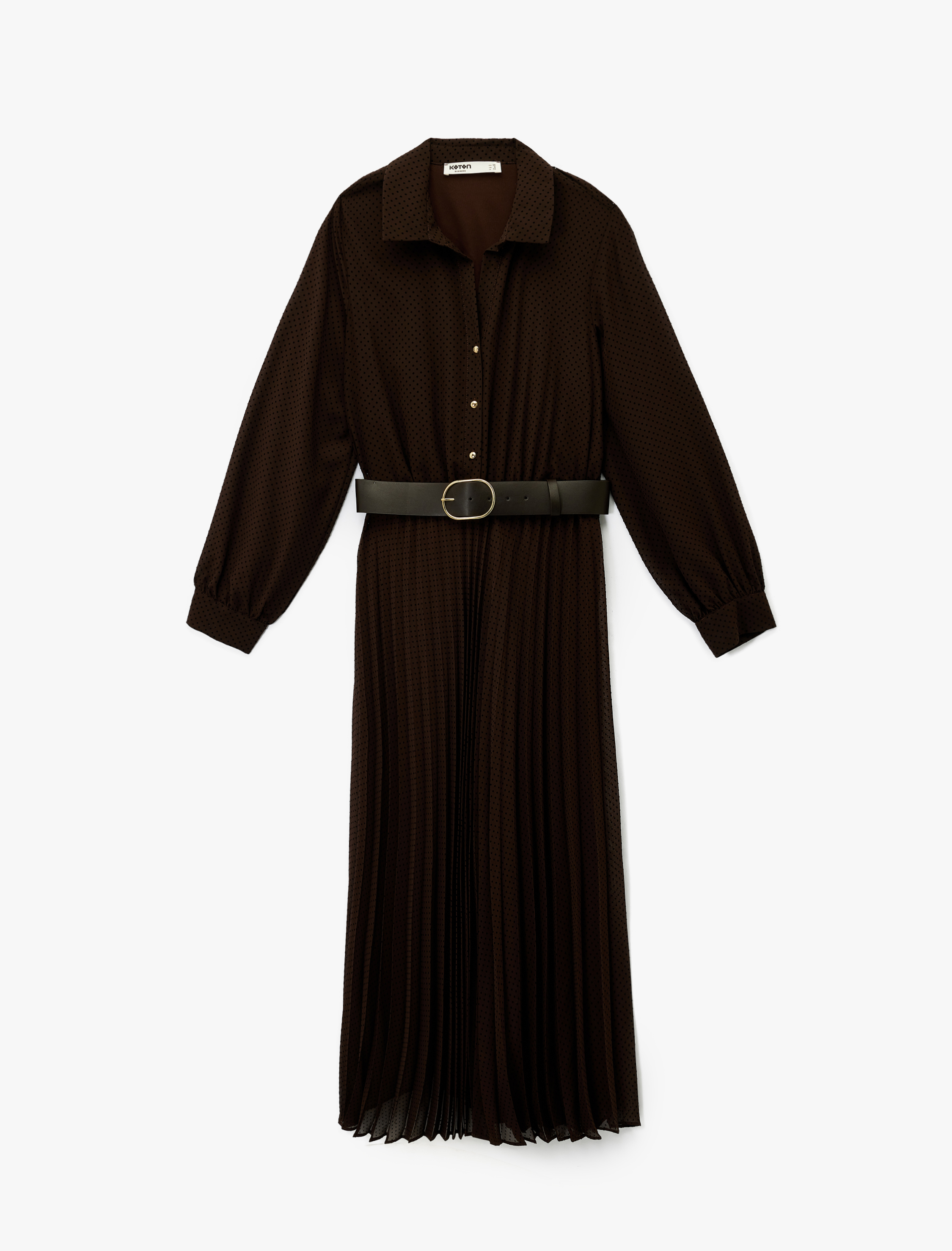   Düğmeli Kemer Detaylı Uzun Kollu Midi Gömlek Elbise