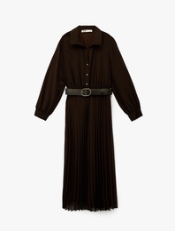 Düğmeli Kemer Detaylı Uzun Kollu Midi Gömlek Elbise