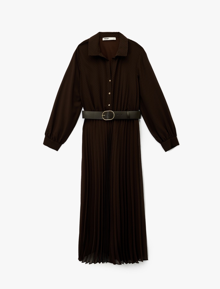  Düğmeli Kemer Detaylı Uzun Kollu Midi Gömlek Elbise