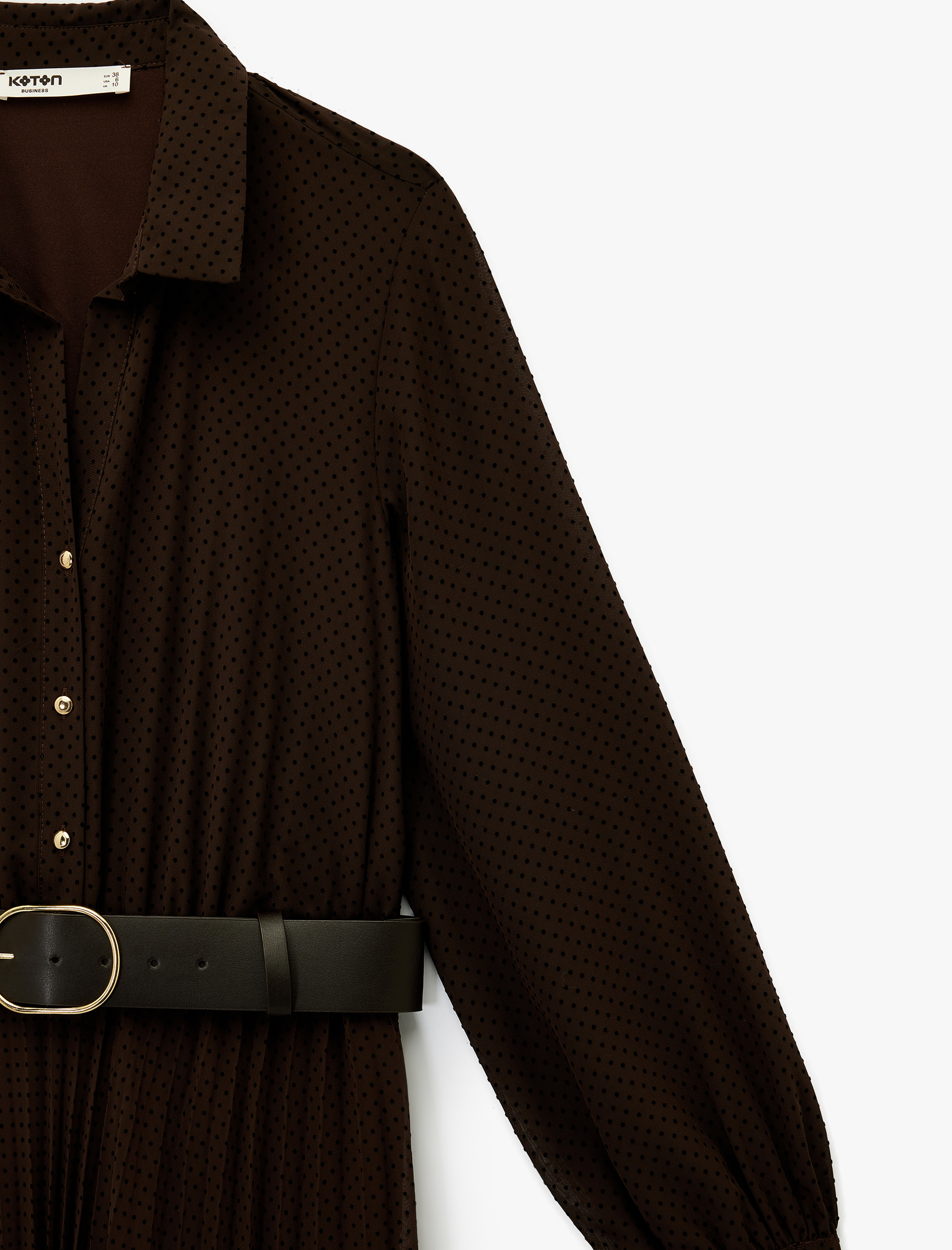   Düğmeli Kemer Detaylı Uzun Kollu Midi Gömlek Elbise