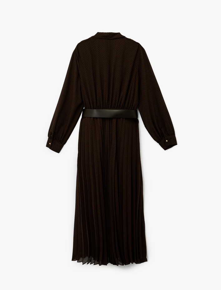  Düğmeli Kemer Detaylı Uzun Kollu Midi Gömlek Elbise