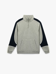 Uzun Kollu Fermuar Detaylı Kanguru Cepli Dik Yaka Sweatshirt