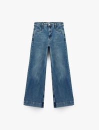 Düğmeli Cepli Regular Fit Pamuklu Geniş Paça Jean Pantolon -  Wide Leg Jeans