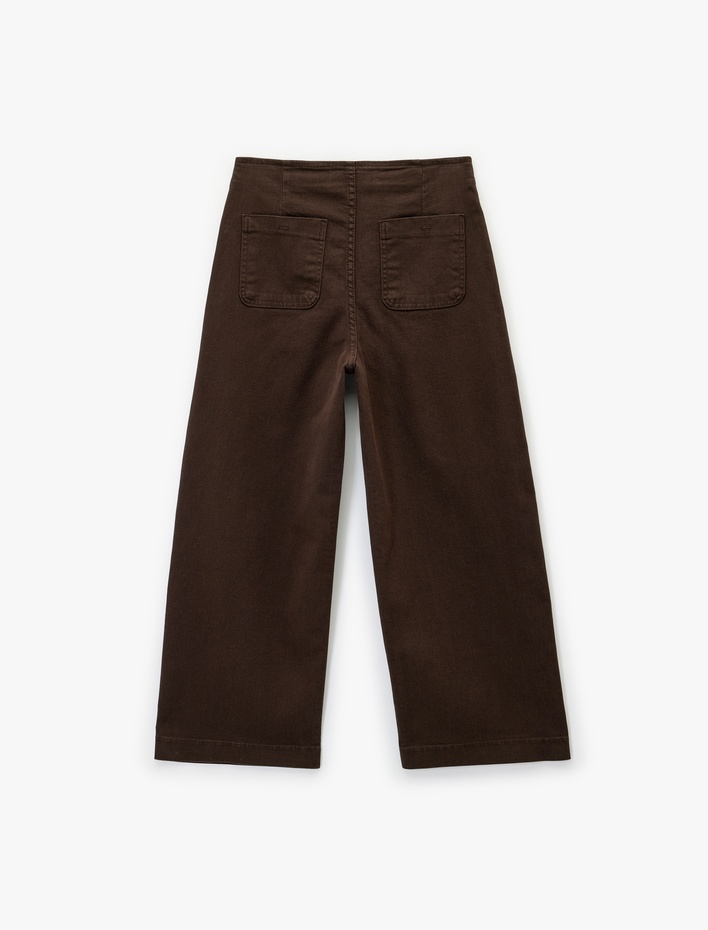  Yüksek Bel Geniş Paça Rahat Kalıp Düğmeli Cep Detaylı Pantolon - Culotte Jeans