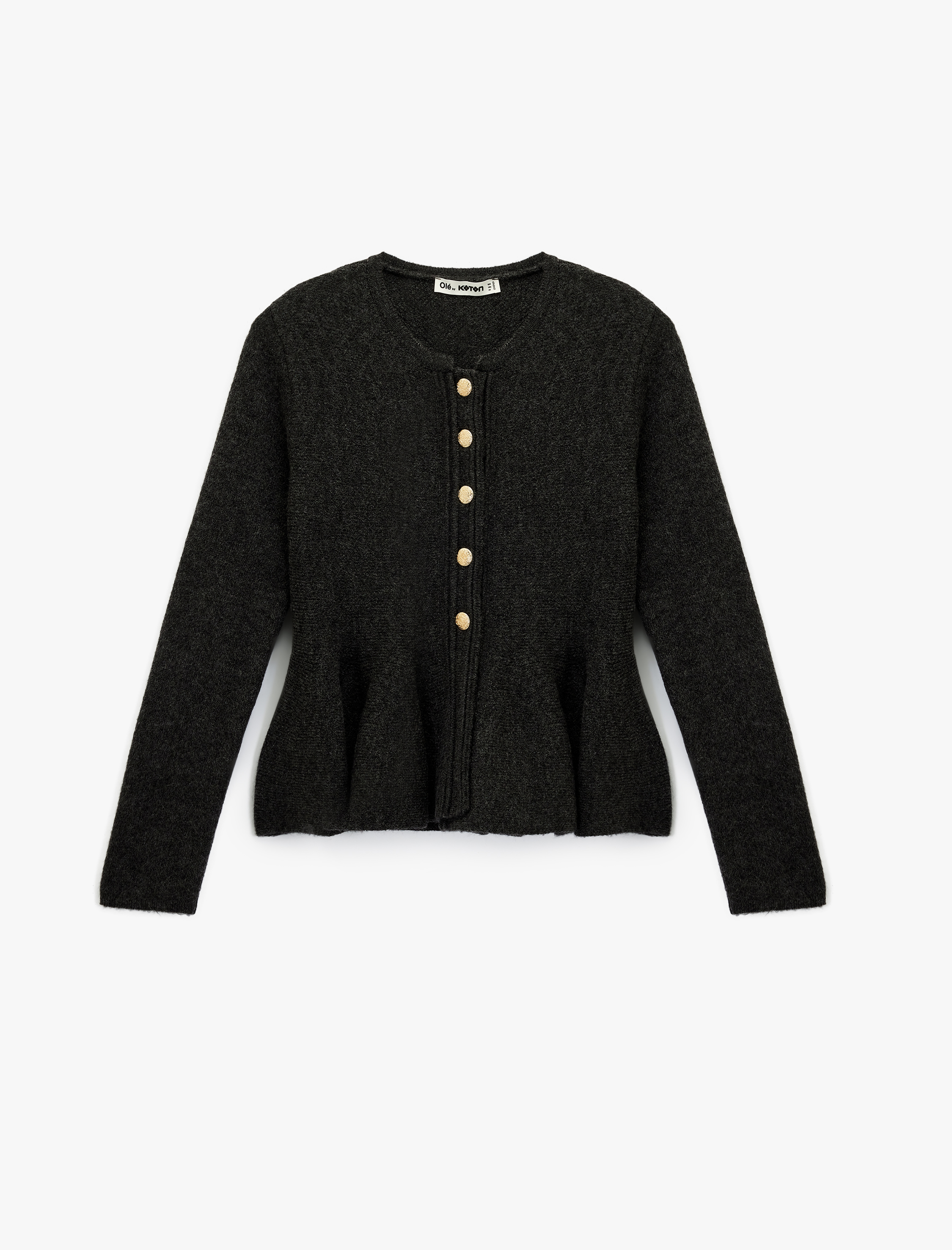   Uzun Kollu Bisiklet Yaka Düğme Detaylı Triko Peplum Hırka