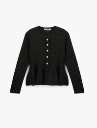 Uzun Kollu Bisiklet Yaka Düğme Detaylı Triko Peplum Hırka