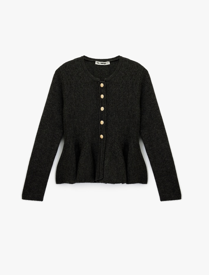  Uzun Kollu Bisiklet Yaka Düğme Detaylı Triko Peplum Hırka