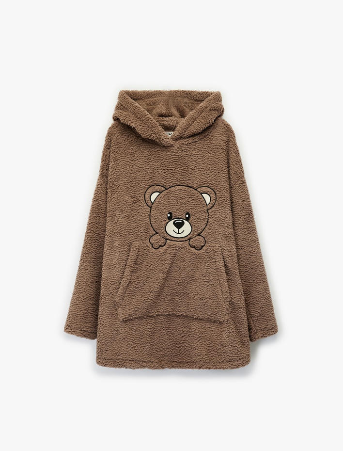  Ayıcık İşlemeli Uzun Kollu Kapüşonlu Oversize Peluş Sabahlık