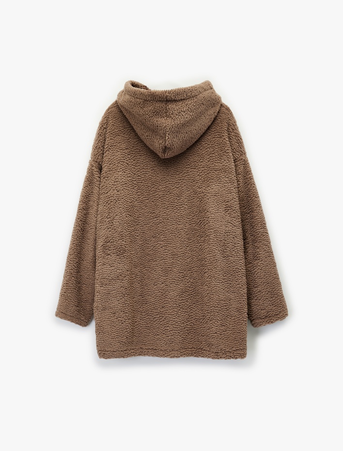  Ayıcık İşlemeli Uzun Kollu Kapüşonlu Oversize Peluş Sabahlık