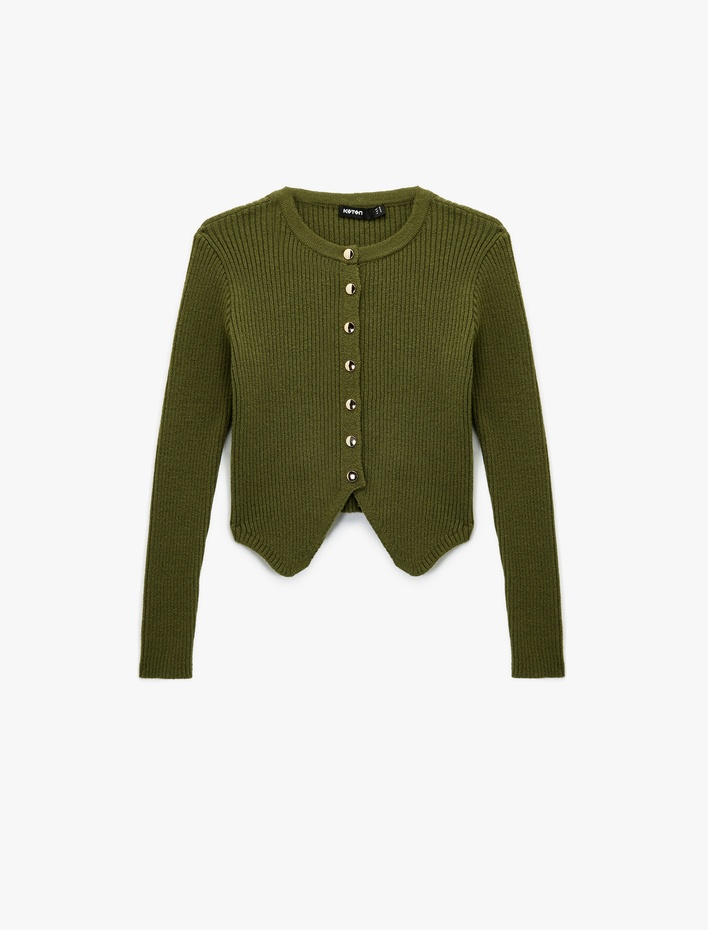  Uzun Kollu Bisiklet Yaka Düğmeli Asimetrik Etek Ucu Detaylı Triko Hırka