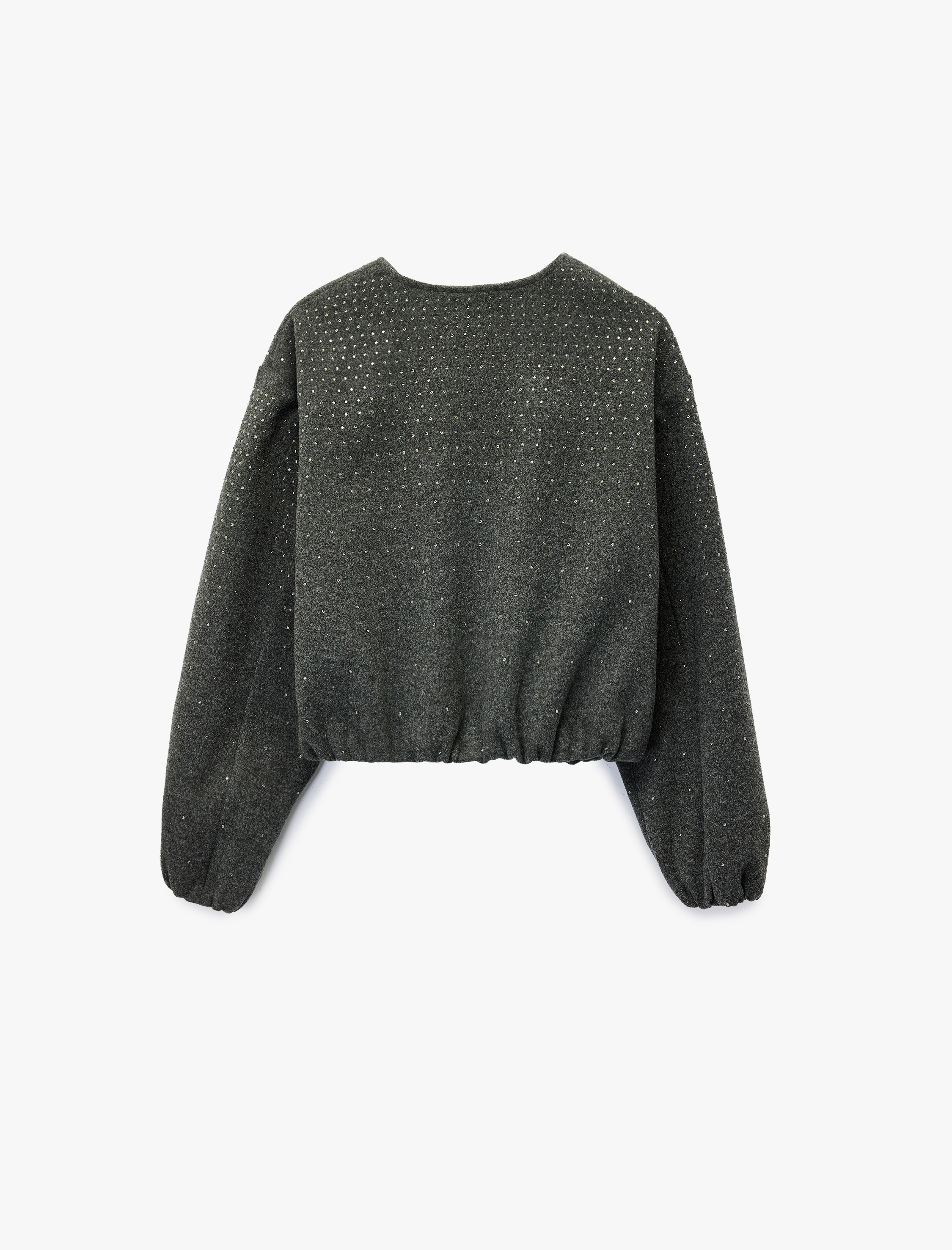   Cepli Uzun Kollu Bisiklet Yaka Crop Taşlı Kaşe Bomber Ceket