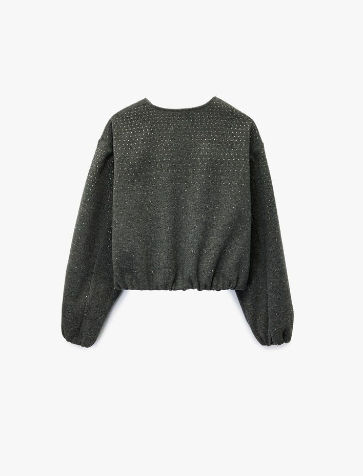  Cepli Uzun Kollu Bisiklet Yaka Crop Taşlı Kaşe Bomber Ceket