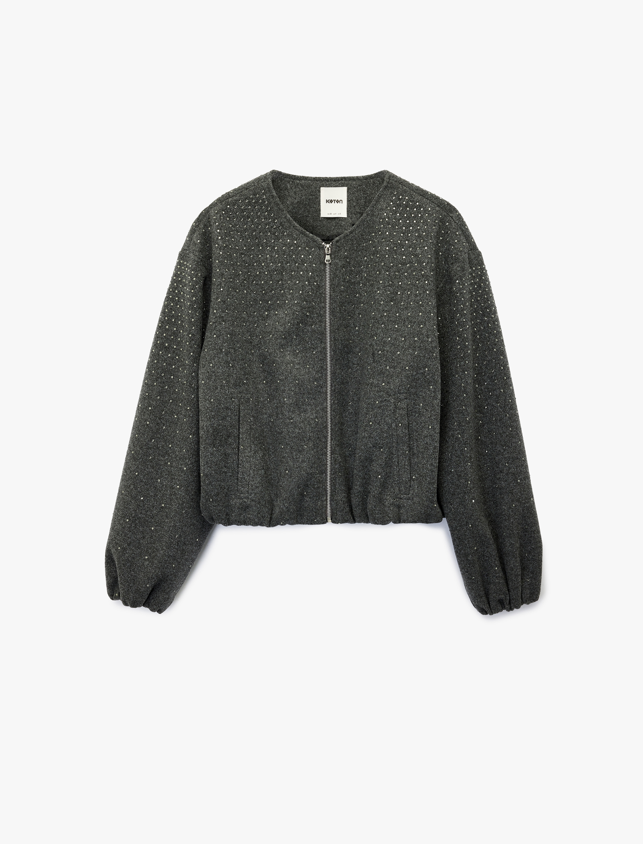   Cepli Uzun Kollu Bisiklet Yaka Crop Taşlı Kaşe Bomber Ceket