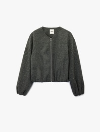 Cepli Uzun Kollu Bisiklet Yaka Crop Taşlı Kaşe Bomber Ceket