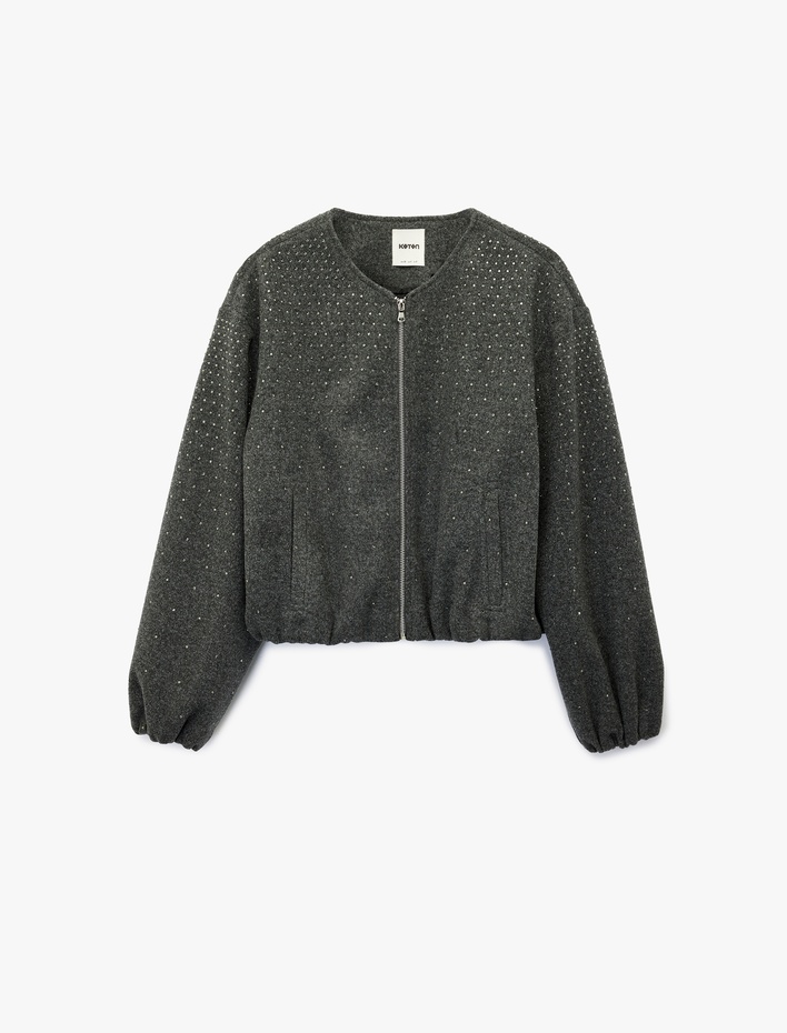  Cepli Uzun Kollu Bisiklet Yaka Crop Taşlı Kaşe Bomber Ceket