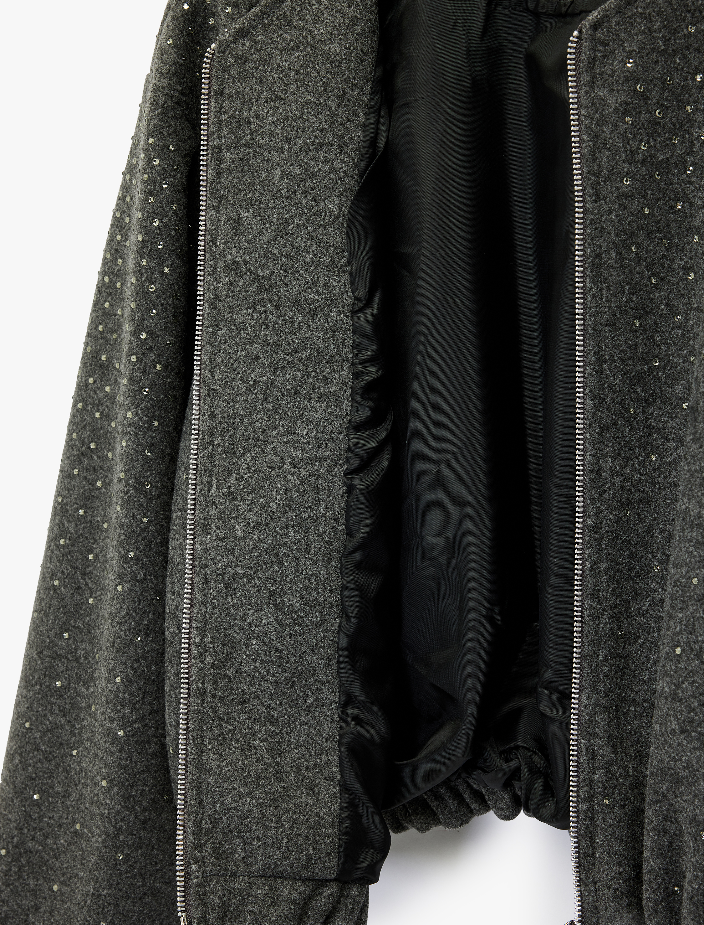   Cepli Uzun Kollu Bisiklet Yaka Crop Taşlı Kaşe Bomber Ceket