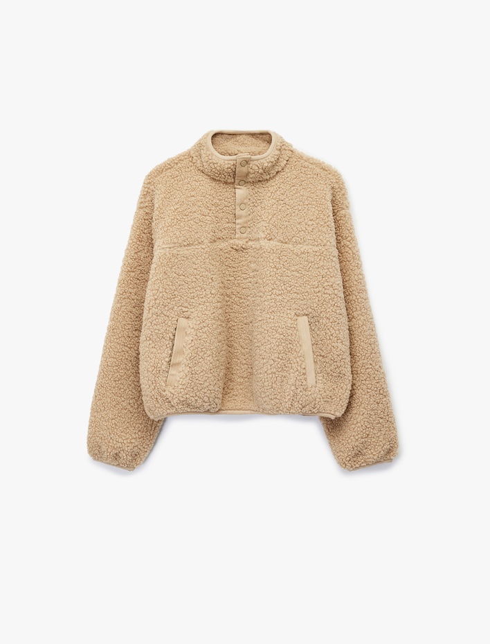  Dik Yaka Uzun Kollu Düğmeli Cep Detaylı Peluş Ceket