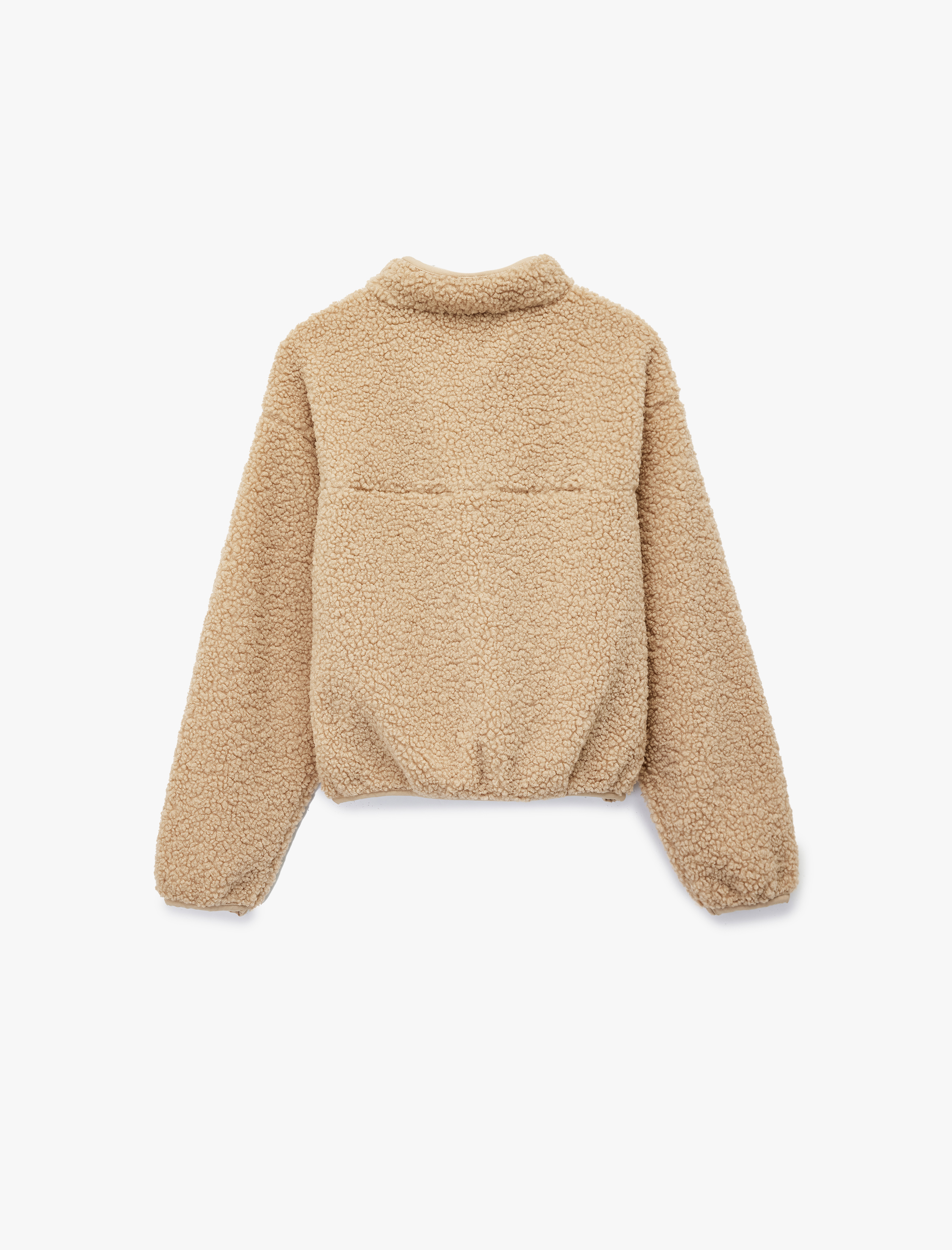   Dik Yaka Uzun Kollu Düğmeli Cep Detaylı Peluş Ceket