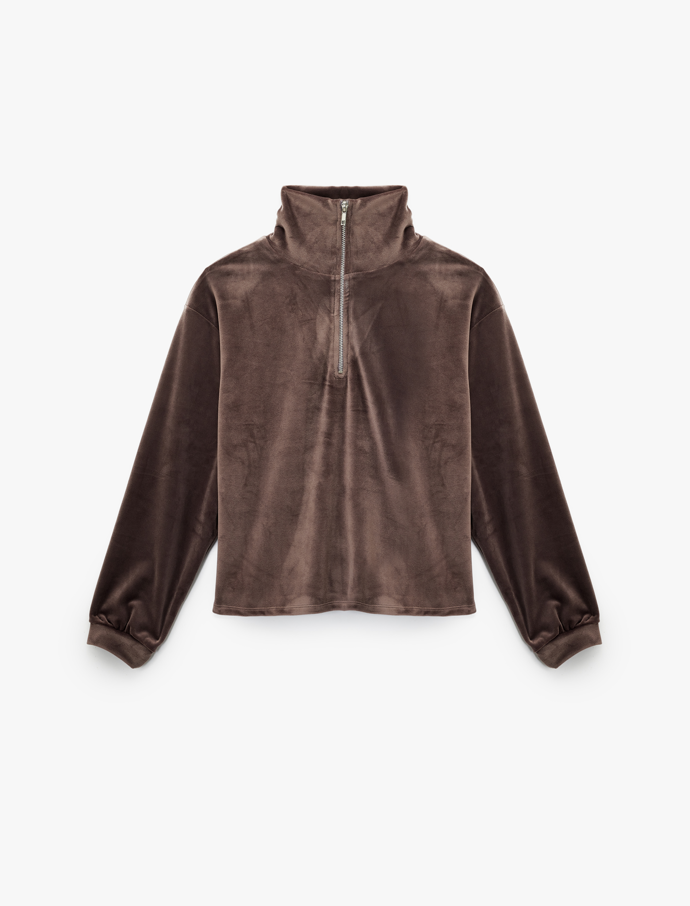   Yarım Fermuarlı Uzun Kollu Rahat Kalıp Dik Yaka Kadife Pijama Üstü