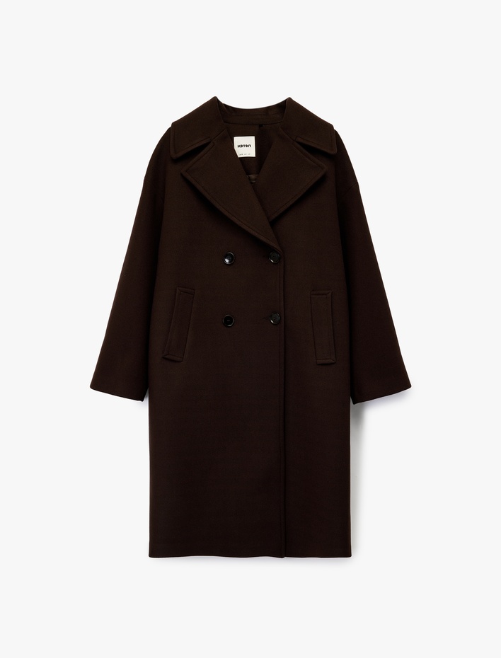  Cepli Uzun Kollu Düğmeli Kruvaze Uzun Kaşe Kaban