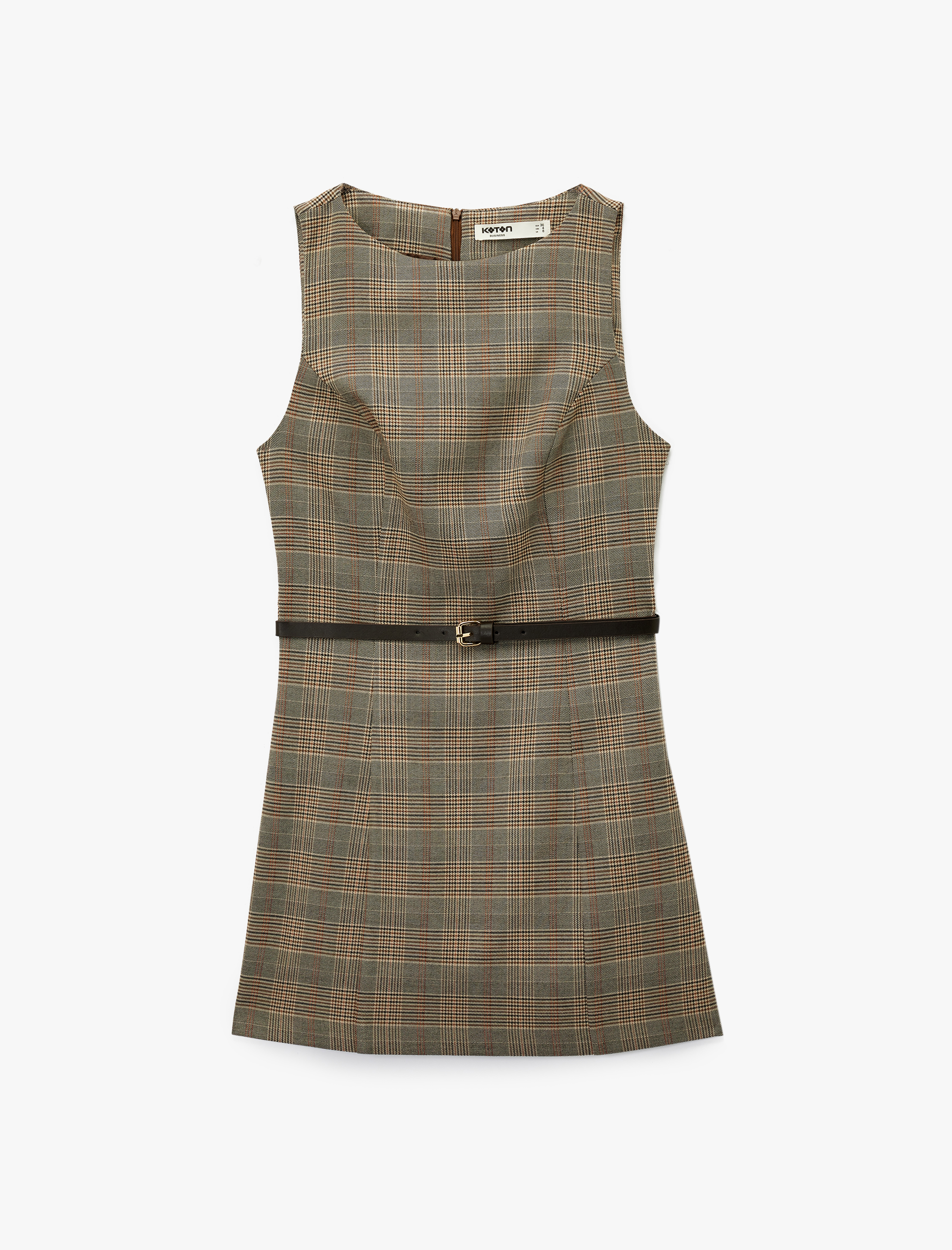   Kolsuz Bisiklet Yaka Kemerli A Kesim Mini Ekose Elbise