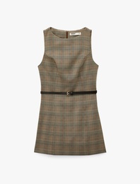 Kolsuz Bisiklet Yaka Kemerli A Kesim Mini Ekose Elbise