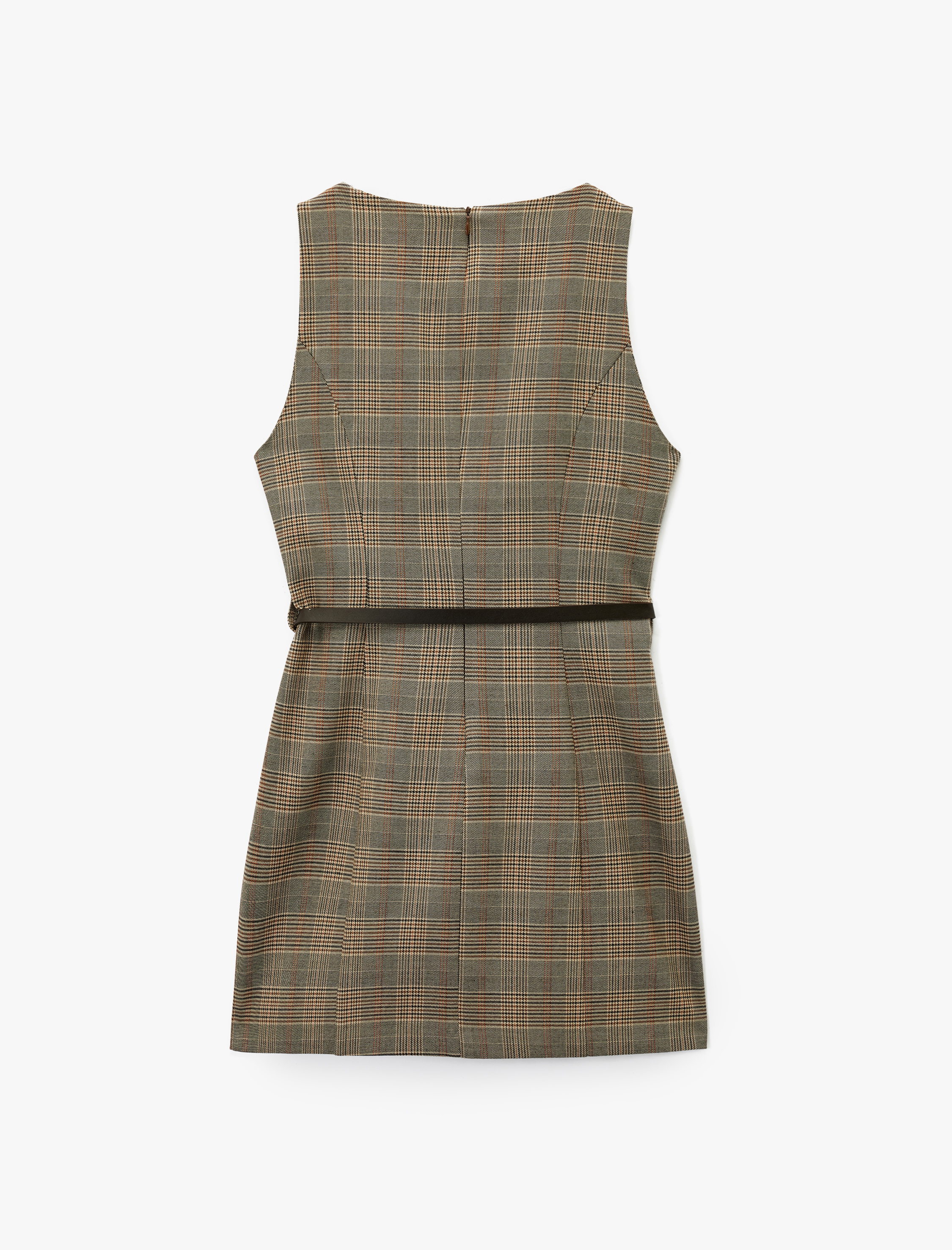   Kolsuz Bisiklet Yaka Kemerli A Kesim Mini Ekose Elbise