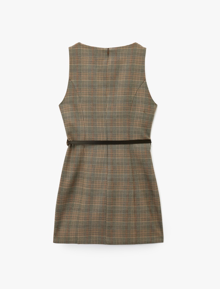  Kolsuz Bisiklet Yaka Kemerli A Kesim Mini Ekose Elbise