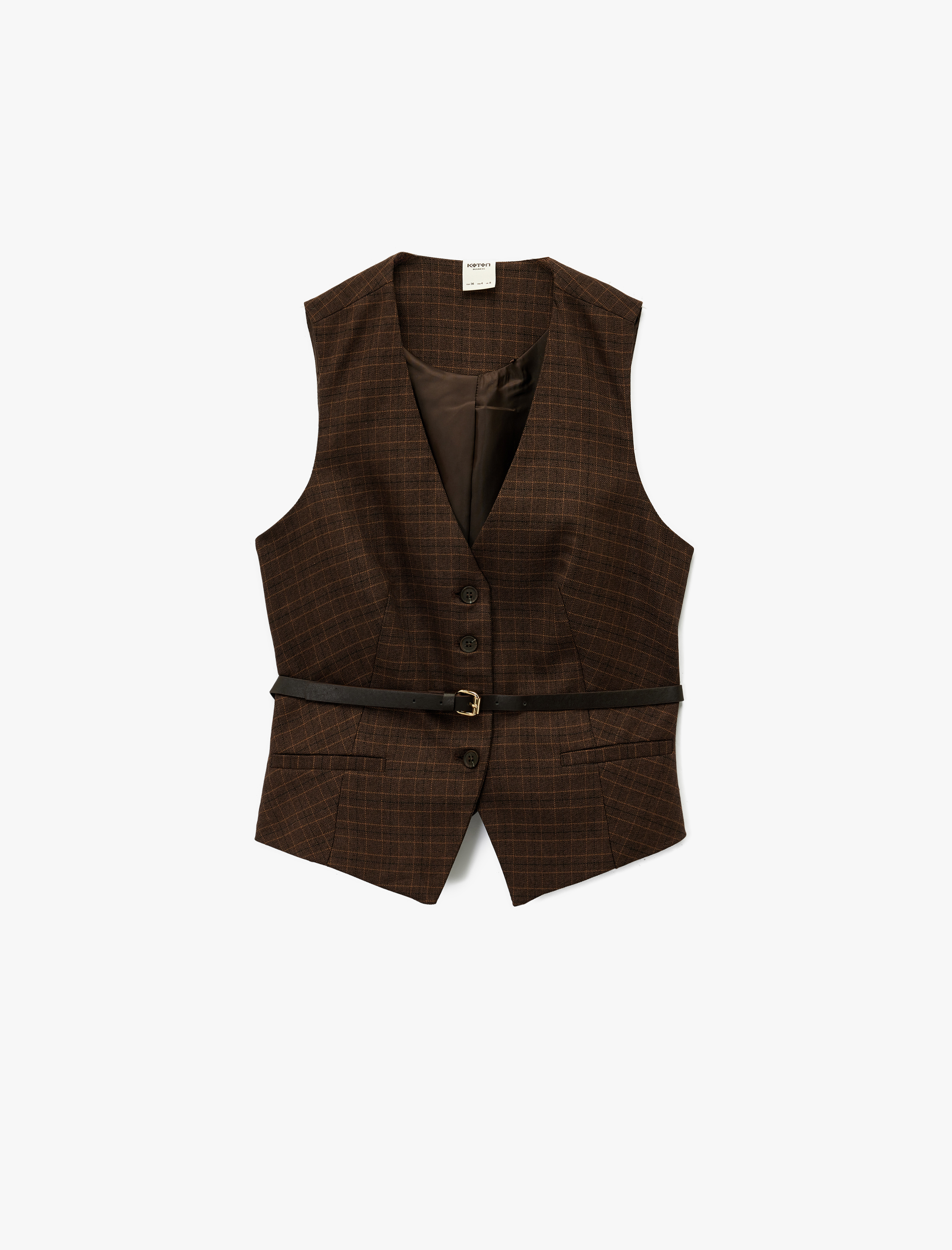   Düğmeli Kolsuz V Yaka Kemer Detaylı Ekoseli Yelek