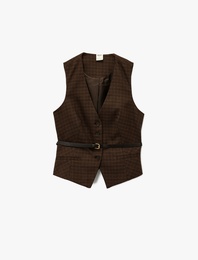 Düğmeli Kolsuz V Yaka Kemer Detaylı Ekoseli Yelek