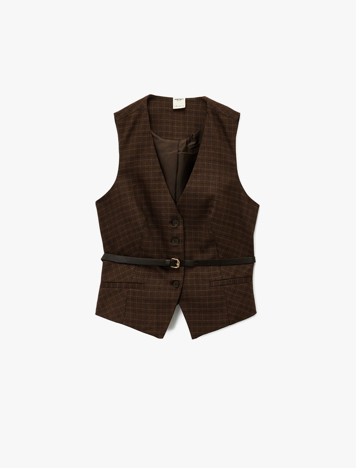  Düğmeli Kolsuz V Yaka Kemer Detaylı Ekoseli Yelek