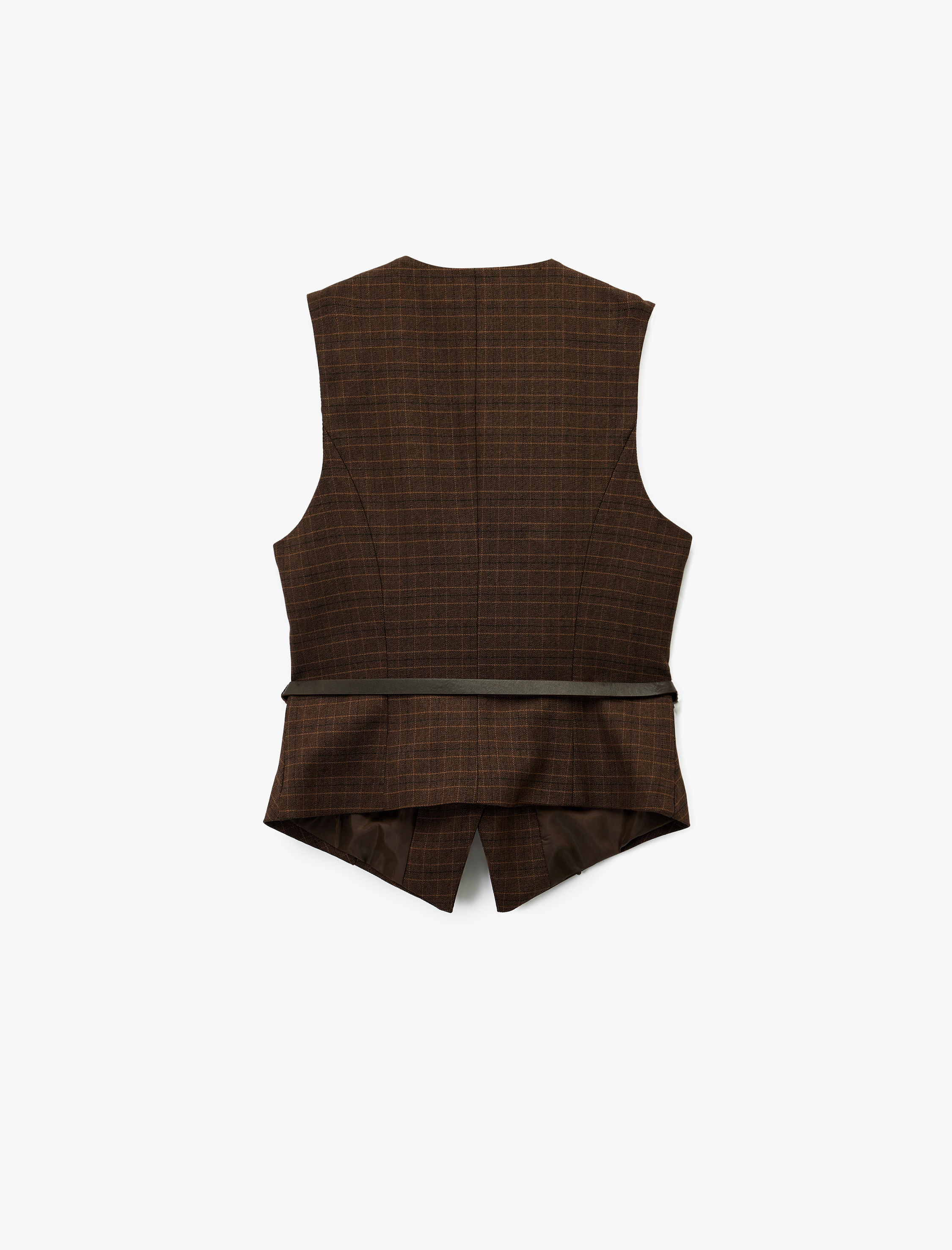   Düğmeli Kolsuz V Yaka Kemer Detaylı Ekoseli Yelek