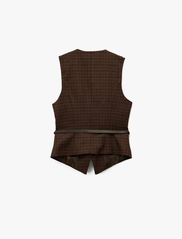  Düğmeli Kolsuz V Yaka Kemer Detaylı Ekoseli Yelek