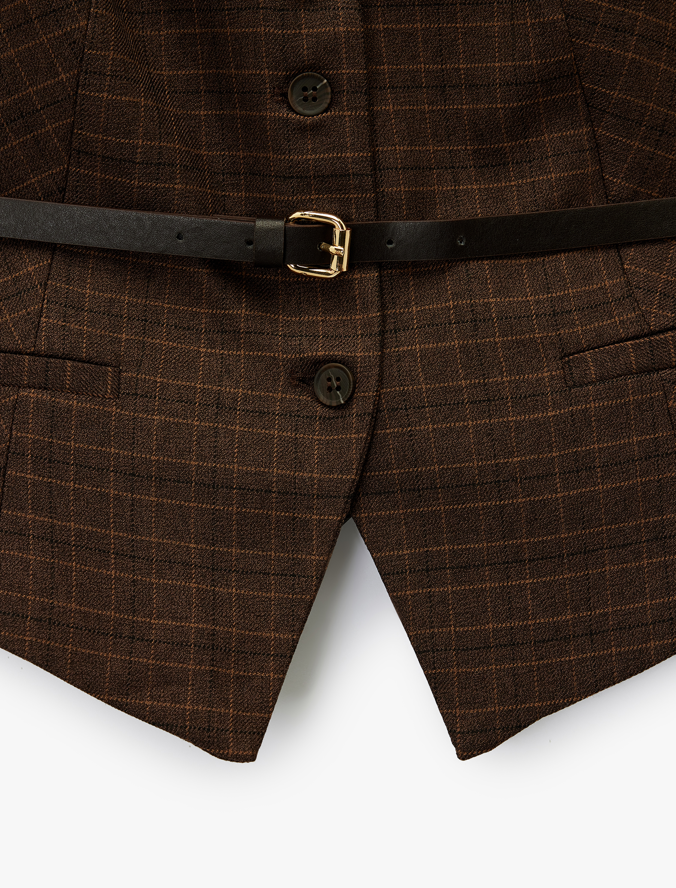   Düğmeli Kolsuz V Yaka Kemer Detaylı Ekoseli Yelek