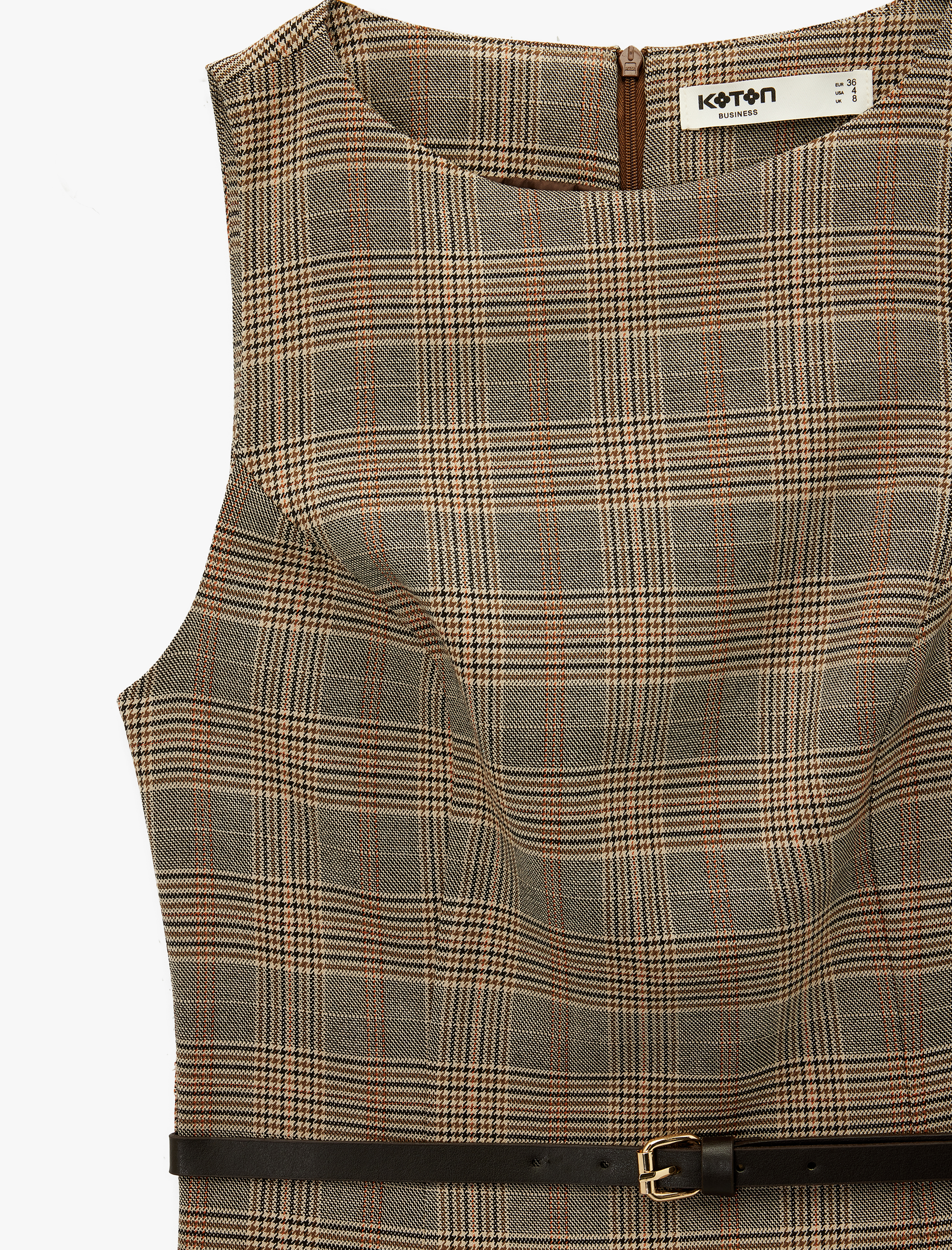   Kolsuz Bisiklet Yaka Kemerli A Kesim Mini Ekose Elbise