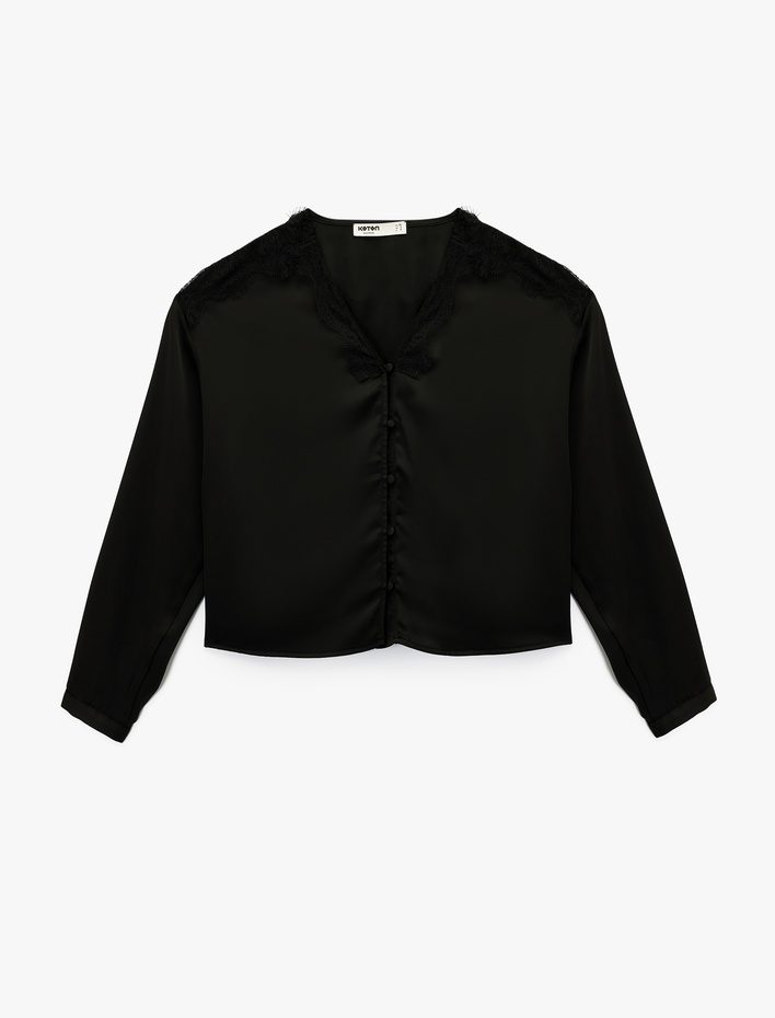  Dantel Detaylı Uzun Kollu V Yaka Bluz