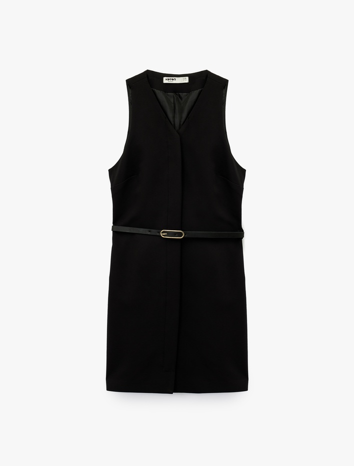  V Yaka Kolsuz Kemerli A Kesim Mini Elbise