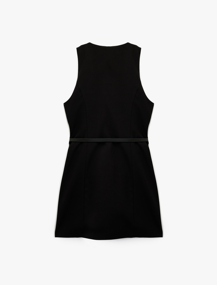  V Yaka Kolsuz Kemerli A Kesim Mini Elbise