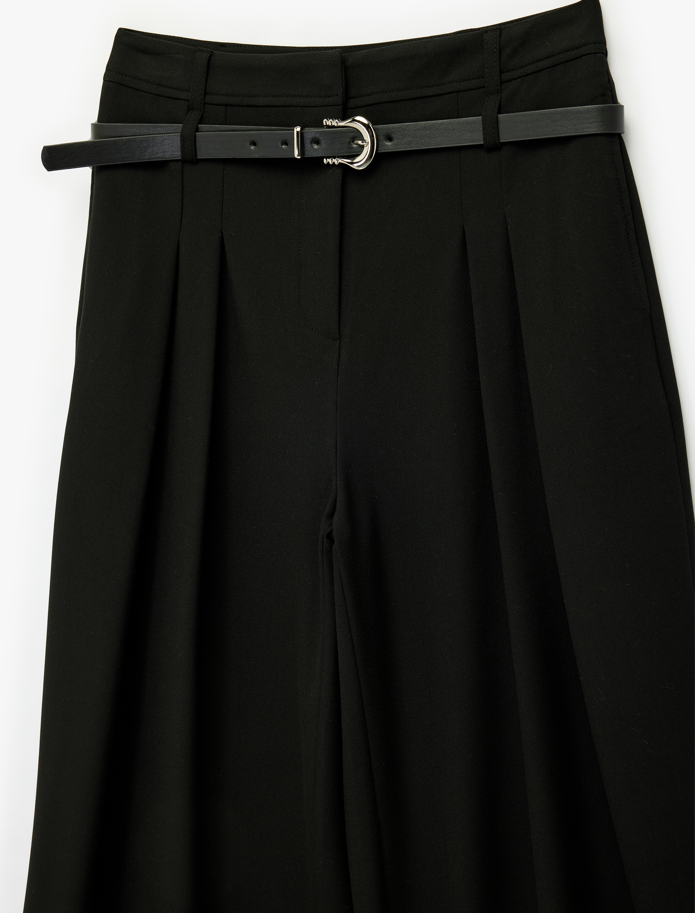   Pile Detaylı Geniş Paça Kemerli Palazzo Pantolon