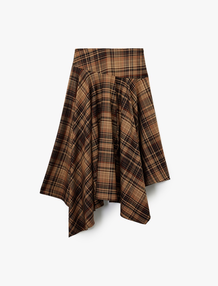  Asimetrik Kesim Kloş Midi Ekose Etek