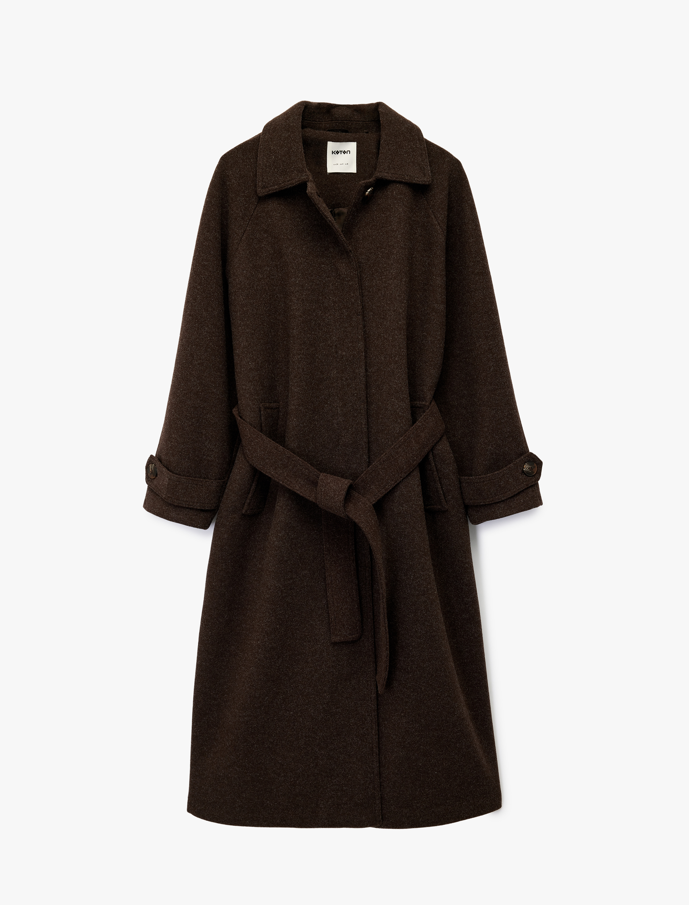   Kemerli Uzun Kaşe Kaban Düğmeli Uzun Kollu Cepli