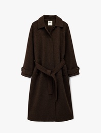 Kemerli Uzun Kaşe Kaban Düğmeli Uzun Kollu Cepli