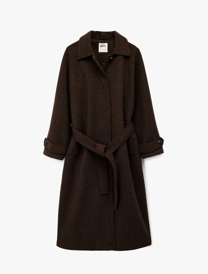  Kemerli Uzun Kaşe Kaban Düğmeli Uzun Kollu Cepli