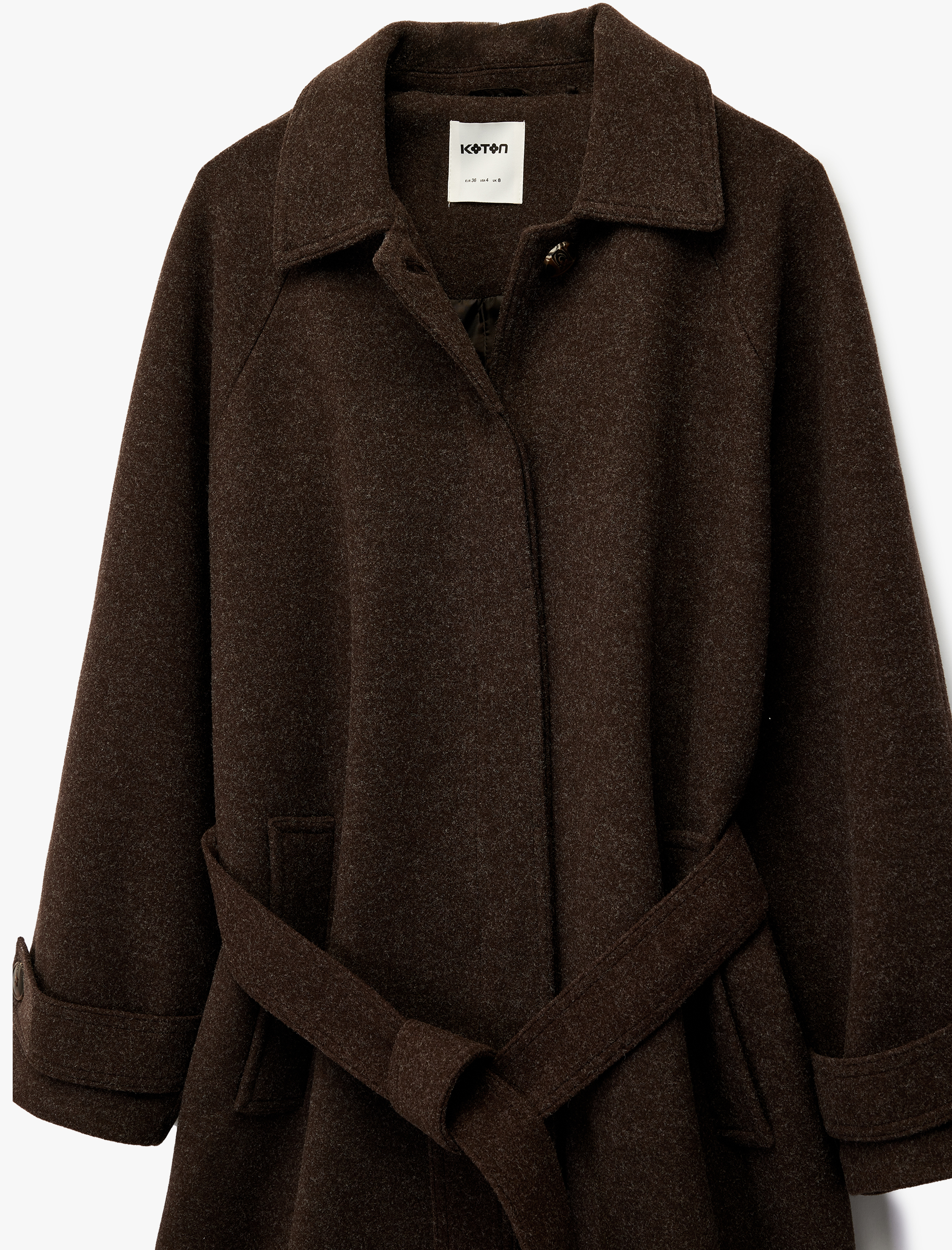   Kemerli Uzun Kaşe Kaban Düğmeli Uzun Kollu Cepli