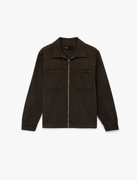 Regular Fit Uzun Kollu Cep Detaylı Fermuarlı Gömlek Ceket