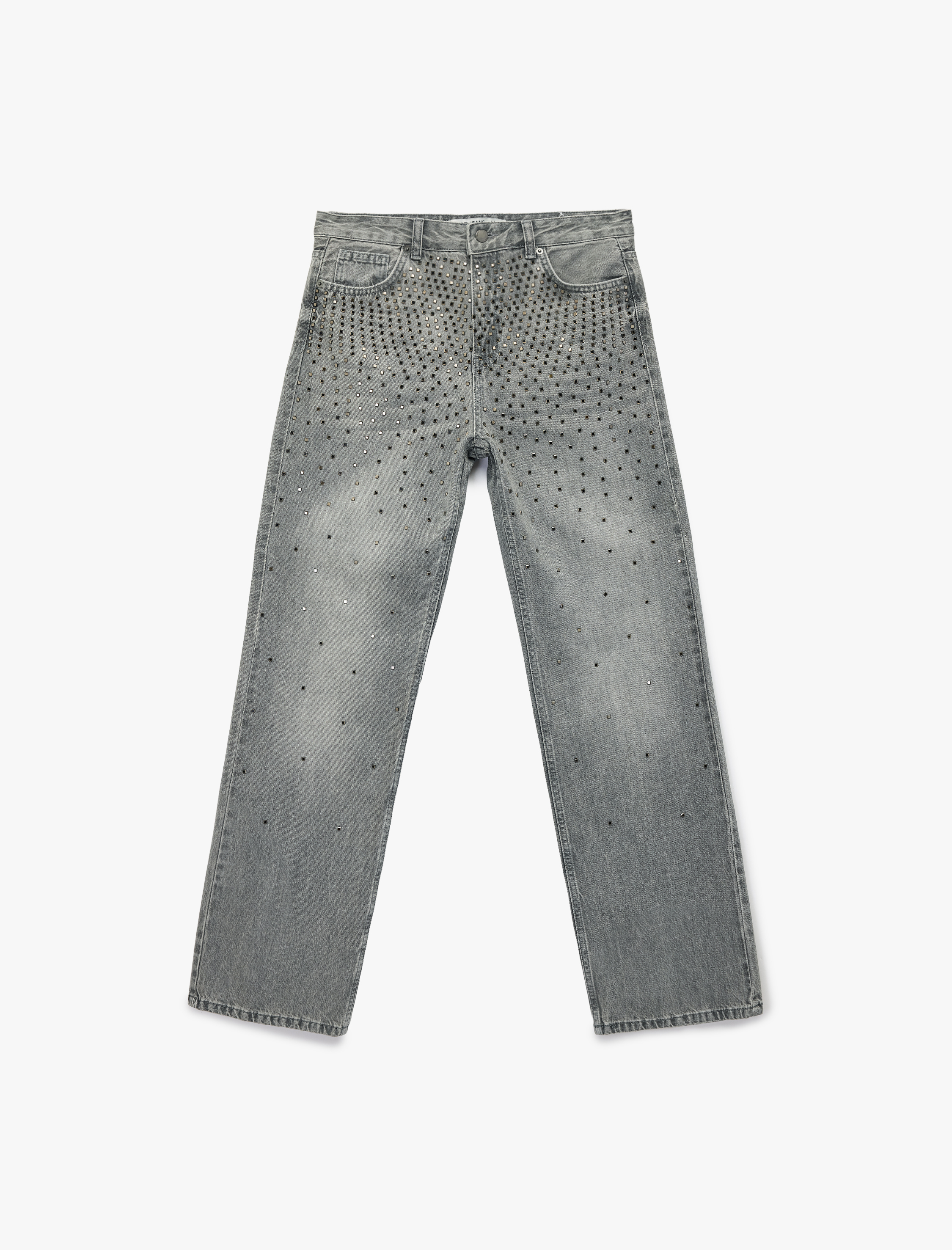   Düz Paça Düğmeli Cepli Pamuklu Taşlı Jean Pantolon - Straight Fit Jean