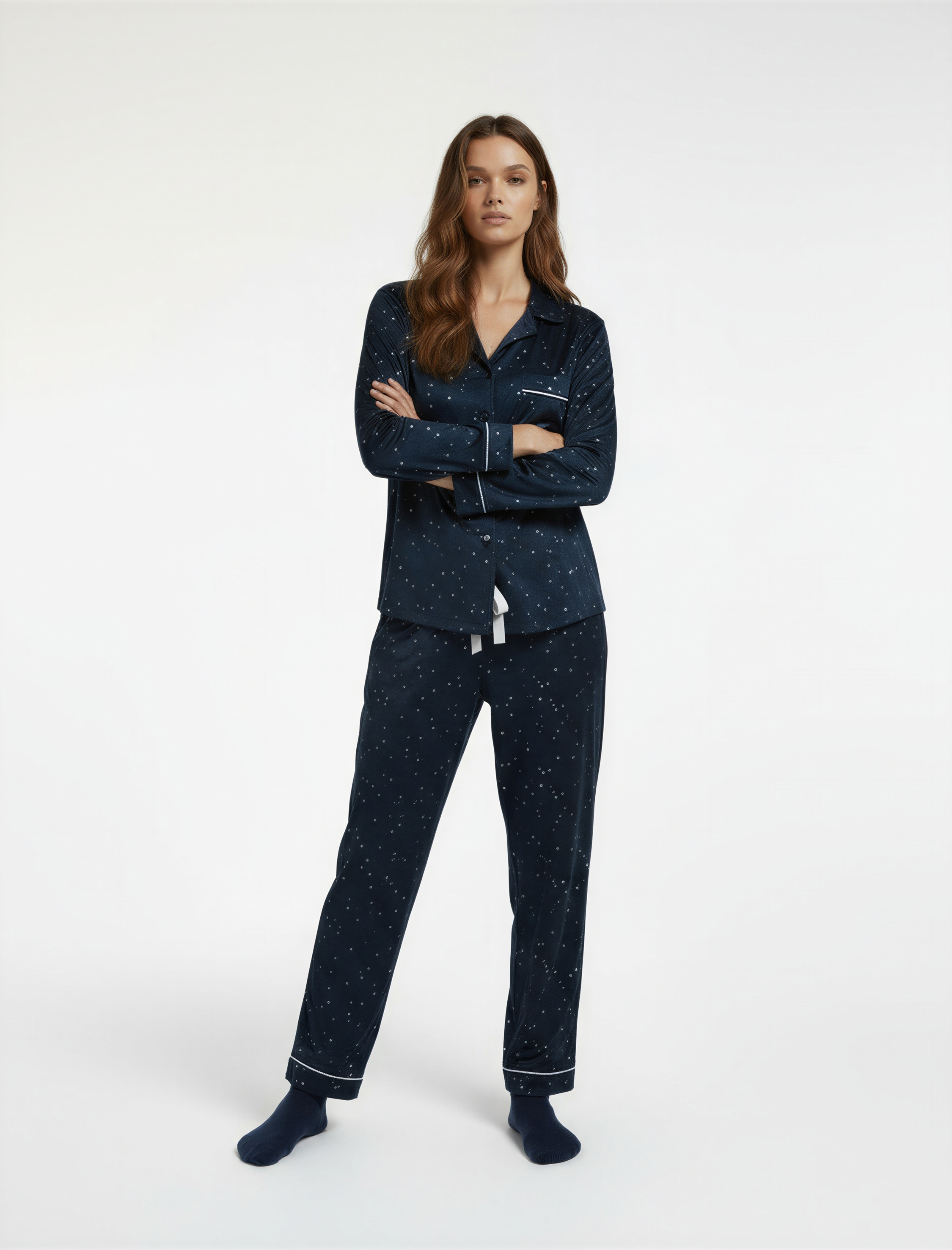   Rahat Kalıp Uzun Kollu Gömlek Yaka Yıldızlı Kadife Pijama Üstü