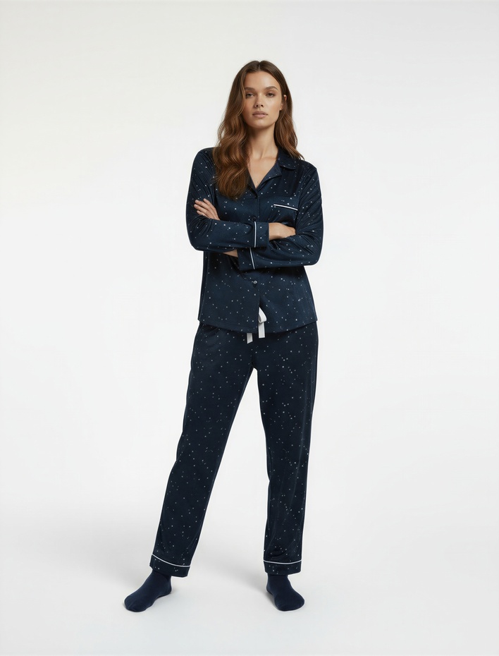  Rahat Kalıp Uzun Kollu Gömlek Yaka Yıldızlı Kadife Pijama Üstü