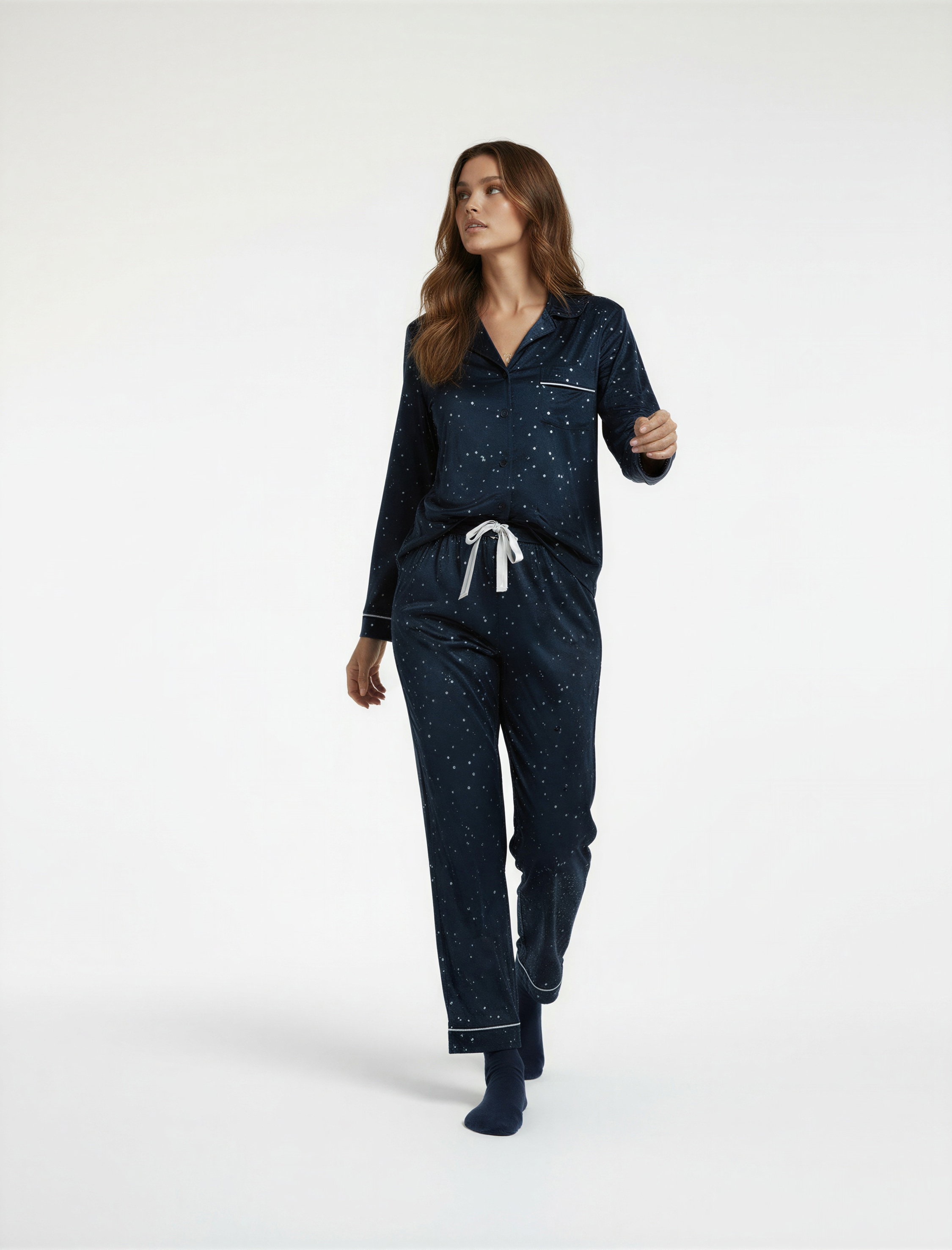   Yıldız Desenli Beli Bağcıklı Bol Paça Kadife Pijama Altı