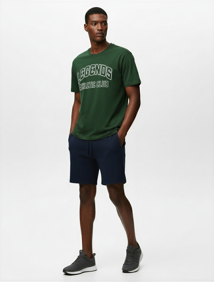  Regular Fit Kısa Kollu Pamuklu Bisiklet Yaka Baskılı Spor Tişört